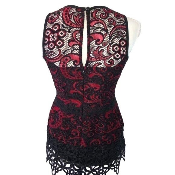 Nanette Lepore Top Womens Size 0 Black Red Lace Crochet Zipper Back Made In USA - Picture 2 of 12